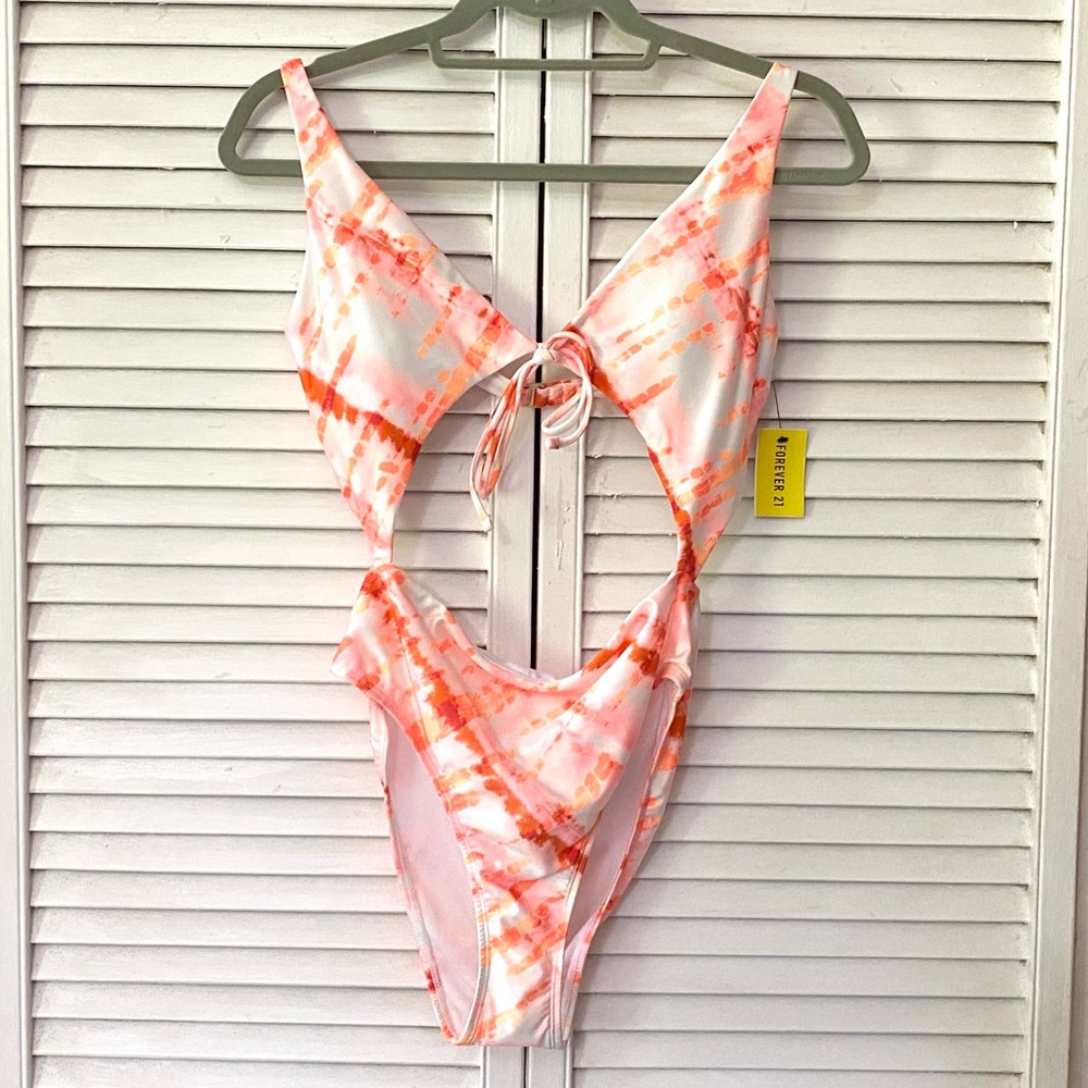 🆕 Forever 21 Swimsuit Womens Medium Orange White Tie Dye Monokini Bathing Suit
